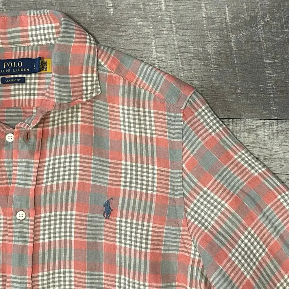 POLO Ralph Lauren Linen Long Sleeve Button Up Shirt Mens L Plaid Classic Fit
